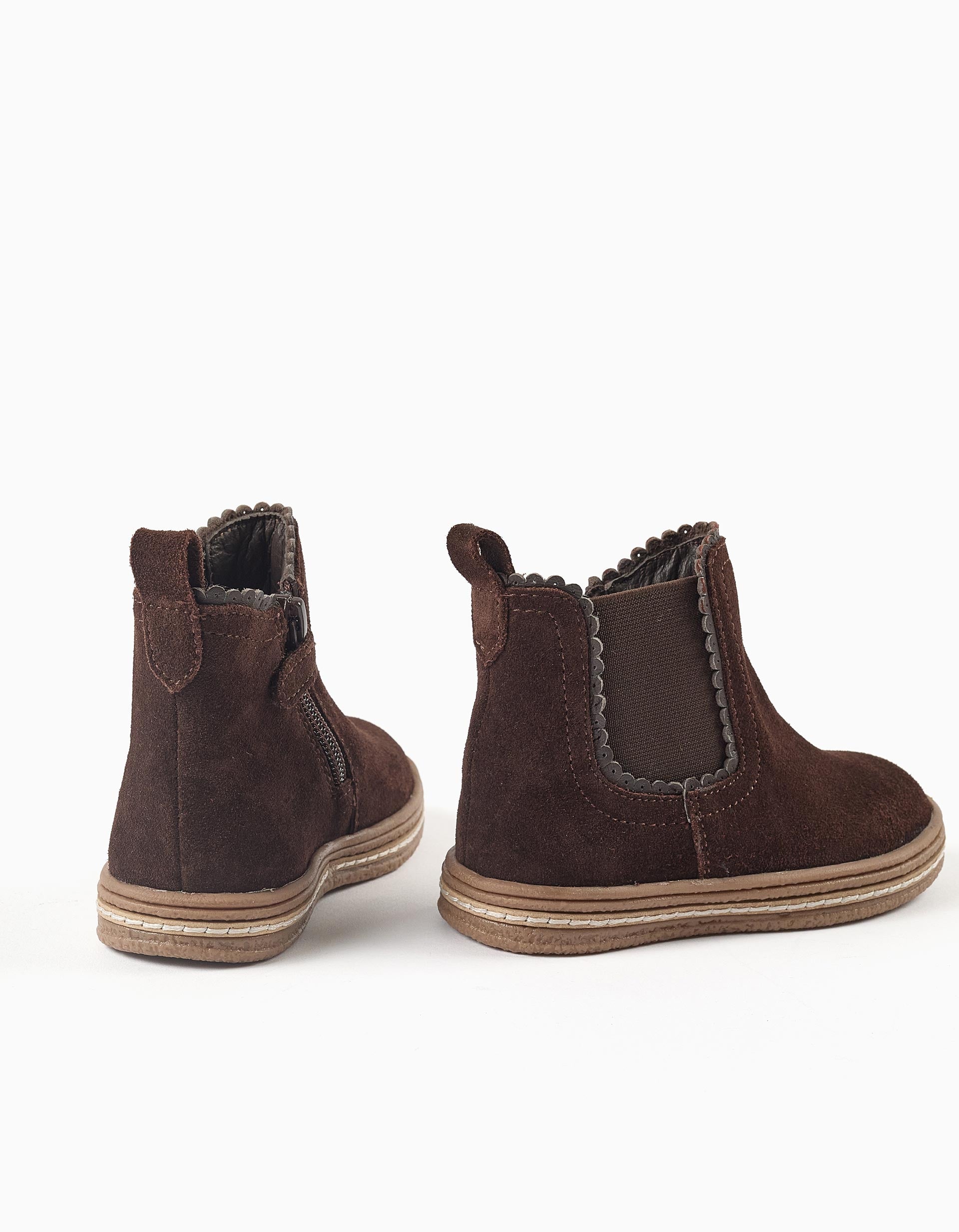 Suede Chelsea boots with scalloped effect for baby girls, brown
