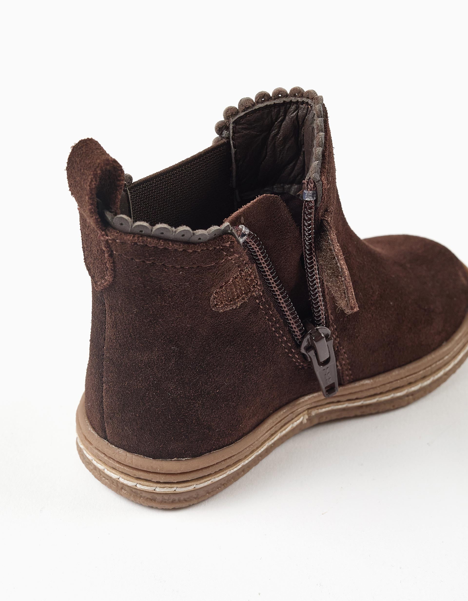 Suede Chelsea boots with scalloped effect for baby girls, brown