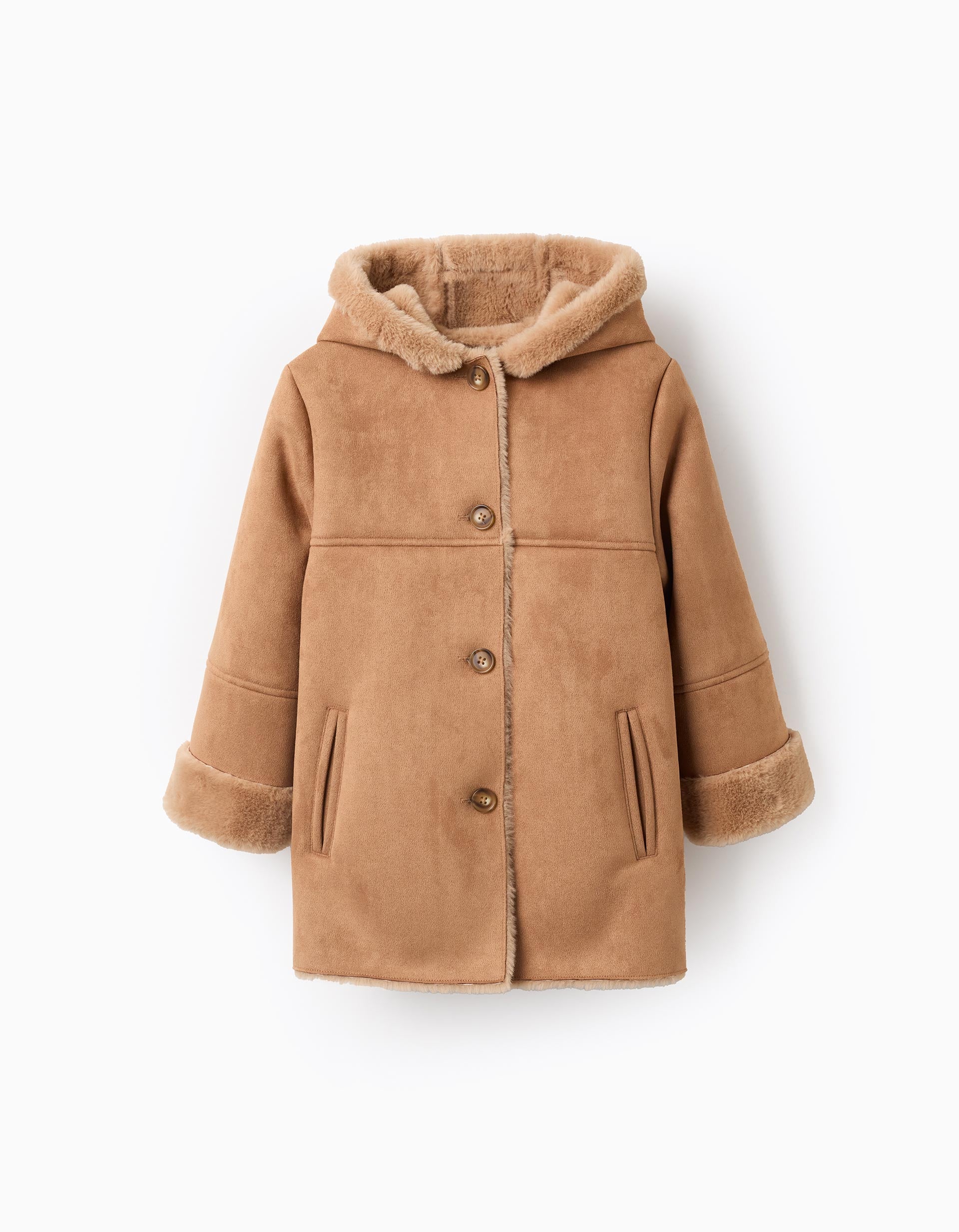 Suede Jacket with Hood and Faux Fur for Girls, Camel