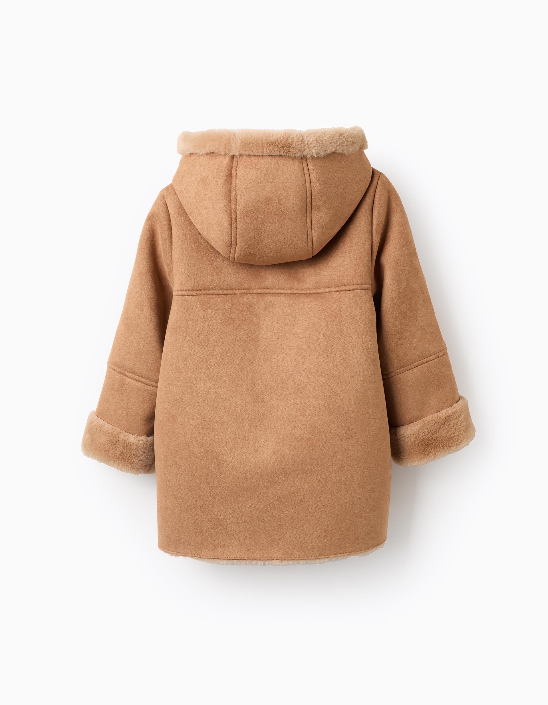 Suede Jacket with Hood and Faux Fur for Girls, Camel