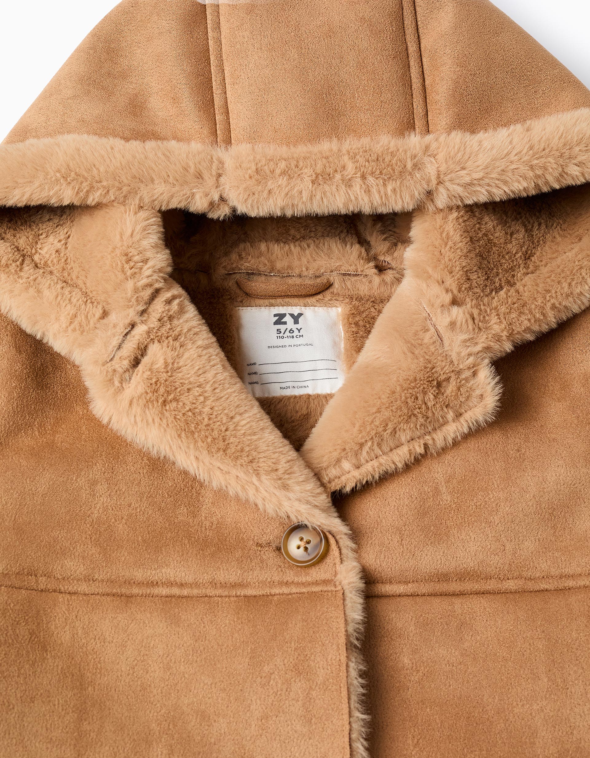 Suede Jacket with Hood and Faux Fur for Girls, Camel