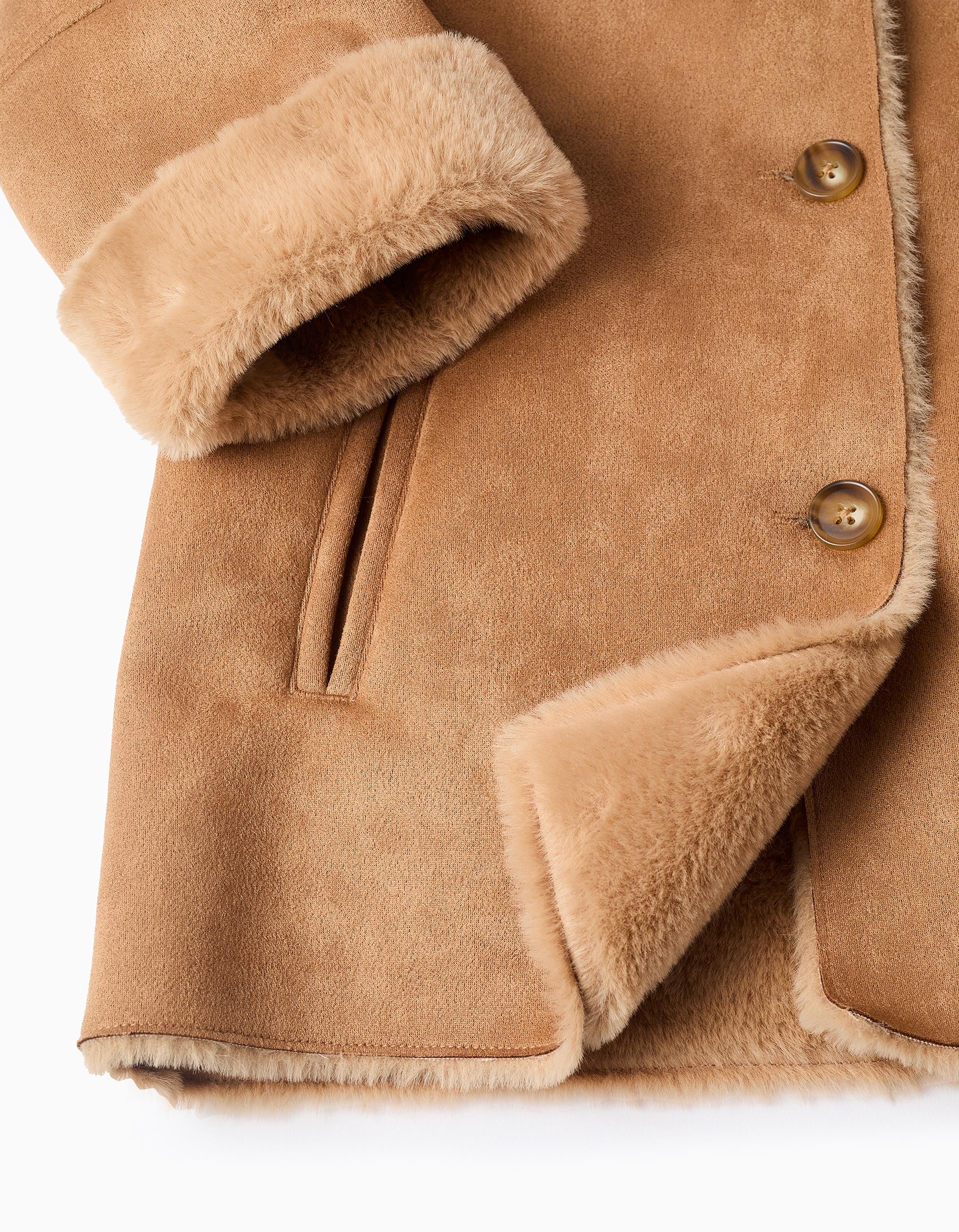 Suede Jacket with Hood and Faux Fur for Girls, Camel