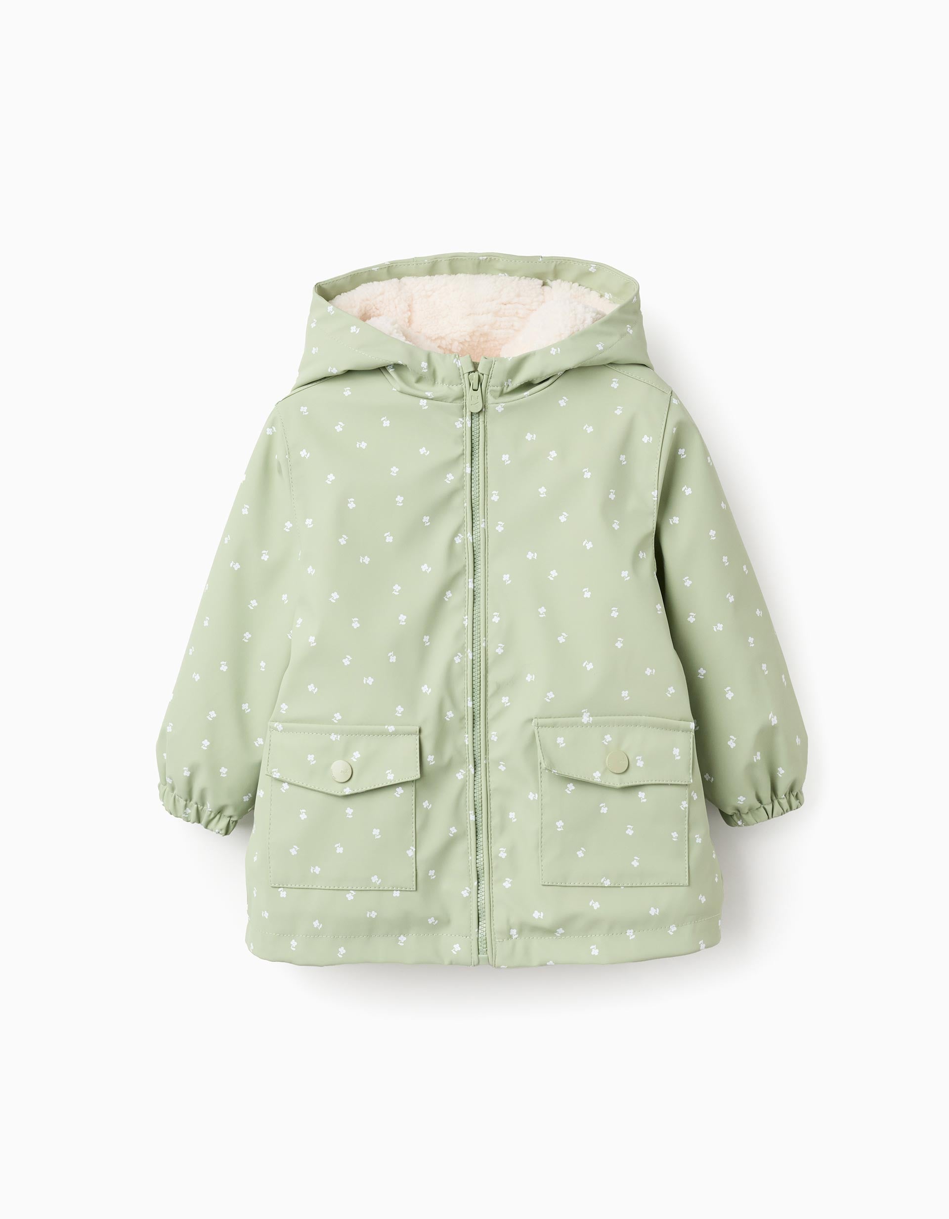 Hooded rubber parka with sherpa lining for baby girls, light green