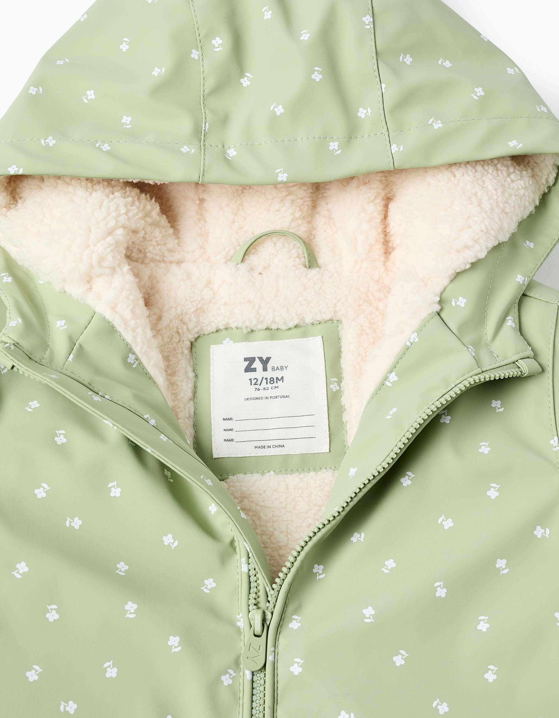 Hooded rubber parka with sherpa lining for baby girls, light green