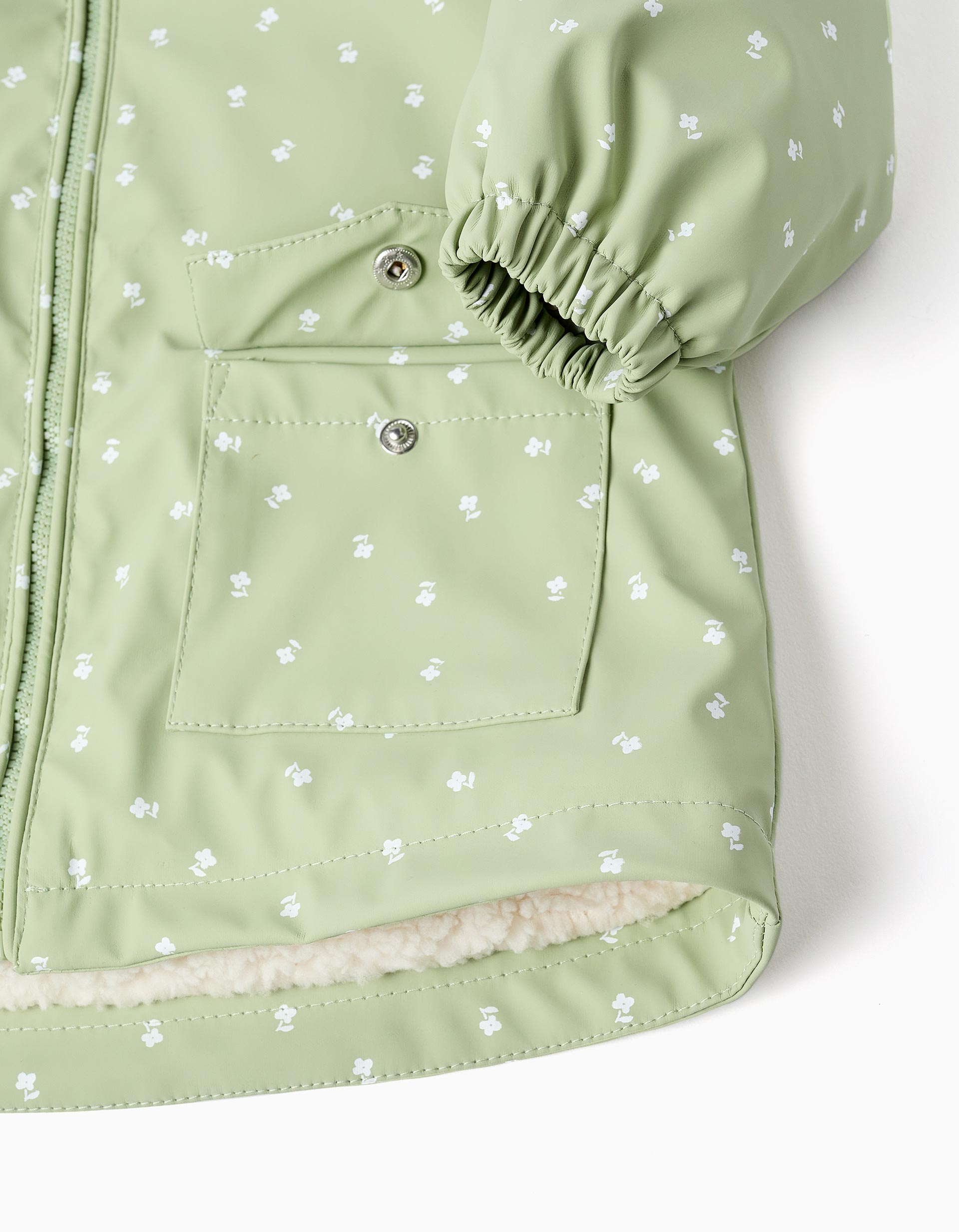 Hooded rubber parka with sherpa lining for baby girls, light green