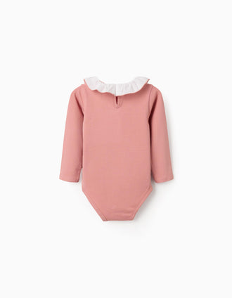 Long sleeve bodysuit with print and ruffled collar for baby girls, pink