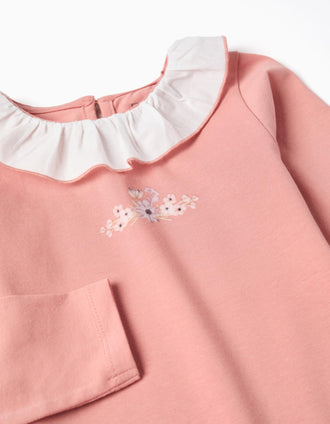 Long sleeve bodysuit with print and ruffled collar for baby girls, pink