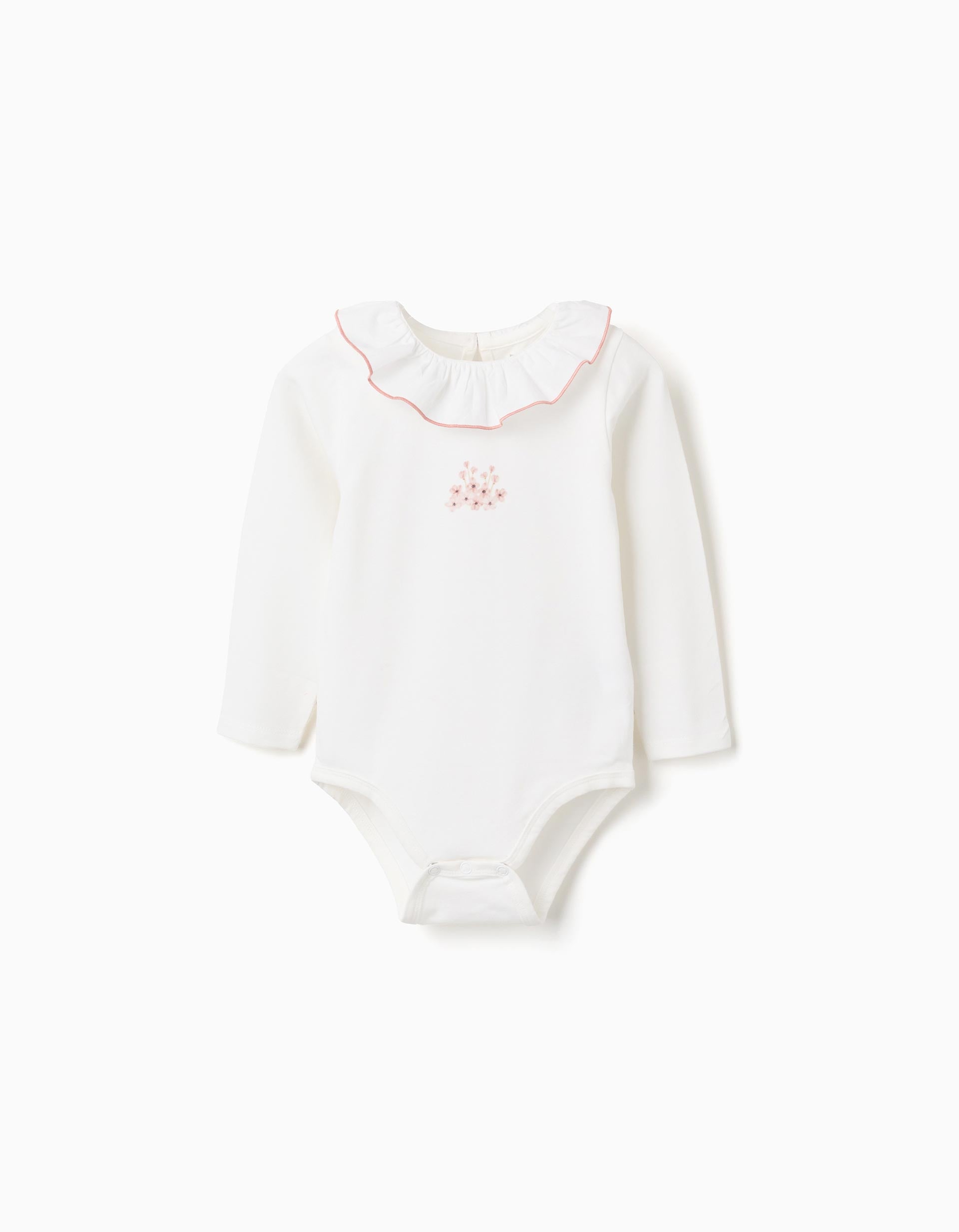 Long sleeve bodysuit with print and ruffled collar for baby girls, white