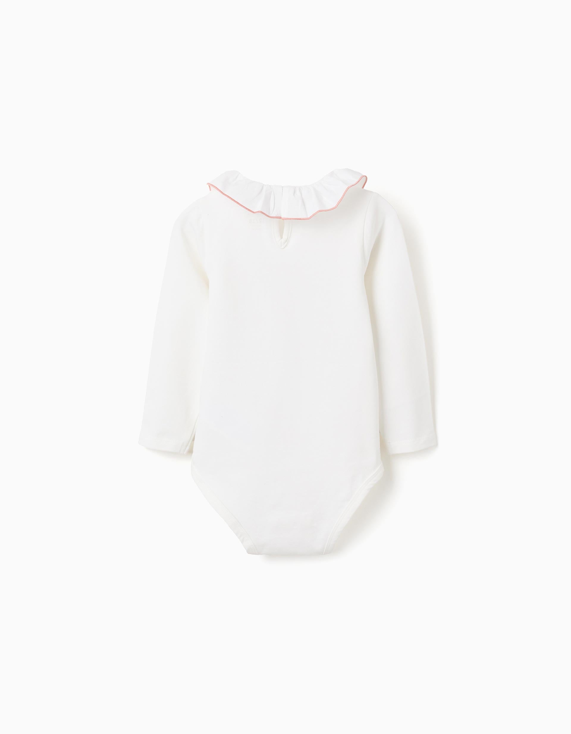 Long sleeve bodysuit with print and ruffled collar for baby girls, white