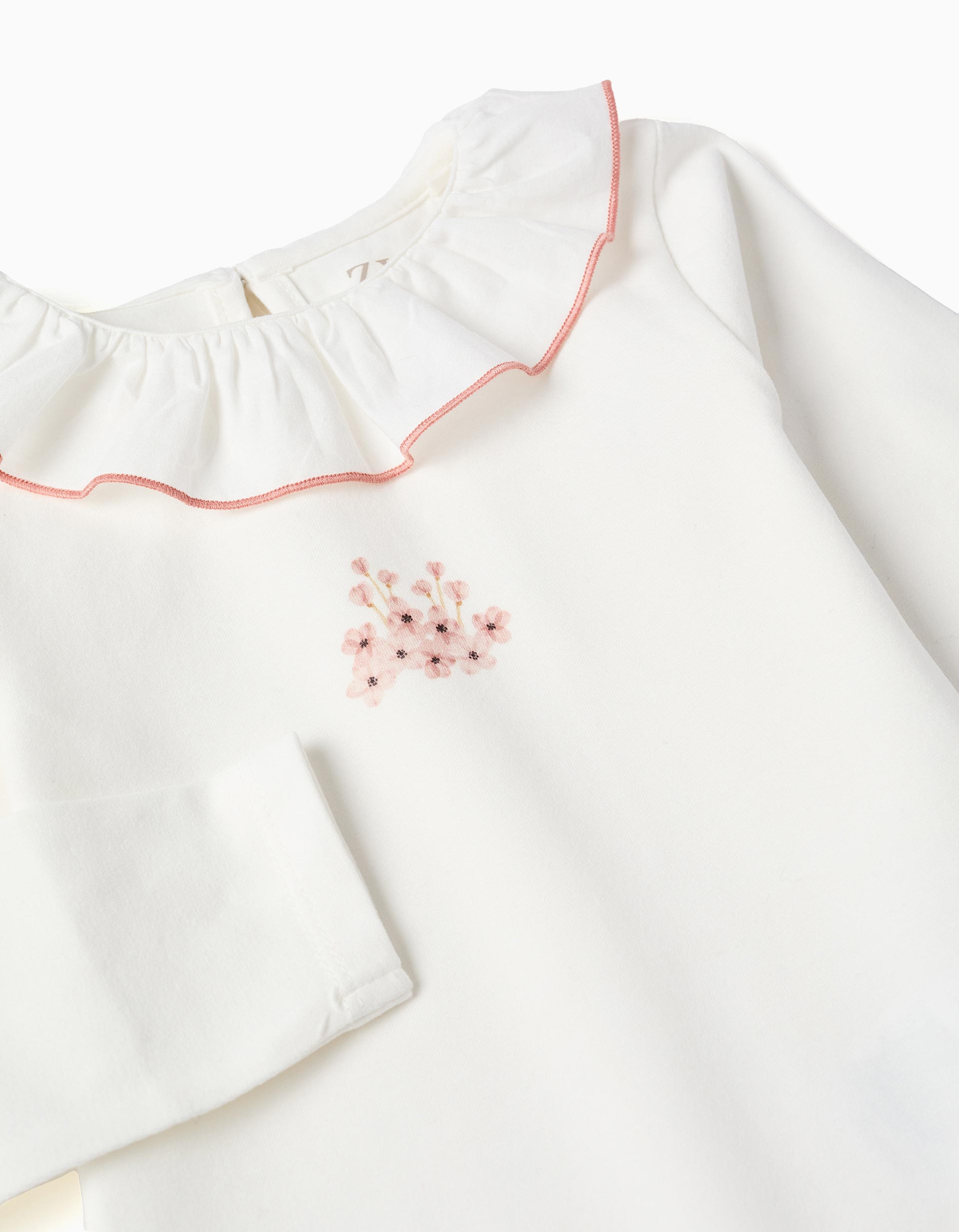 Long sleeve bodysuit with print and ruffled collar for baby girls, white