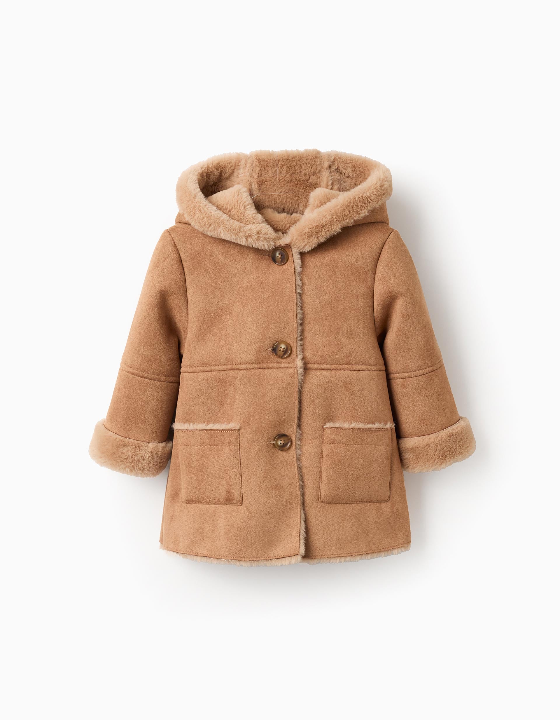 Suede Jacket with Hood and Faux Fur for Baby Girls, Camel