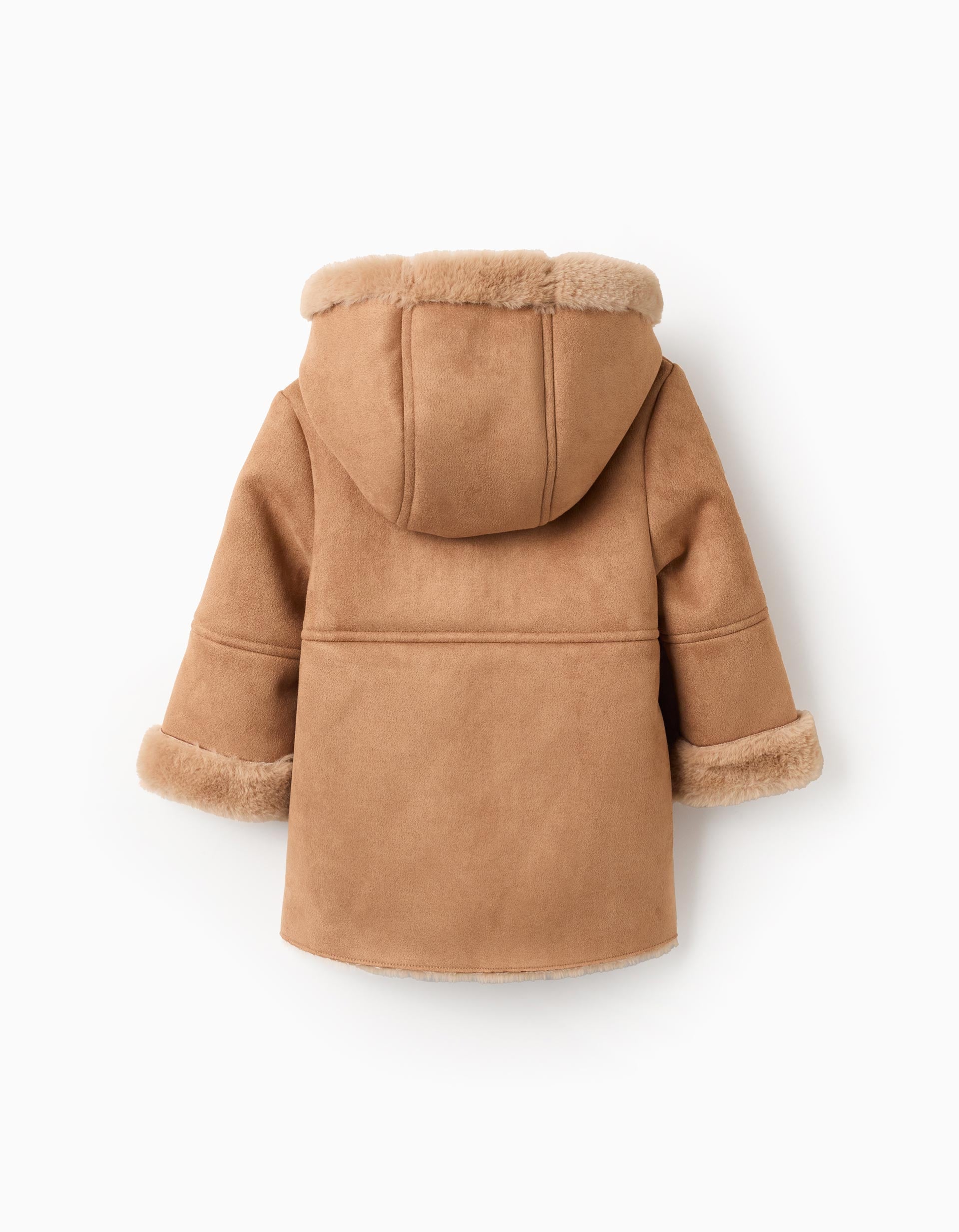 Suede Jacket with Hood and Faux Fur for Baby Girls, Camel