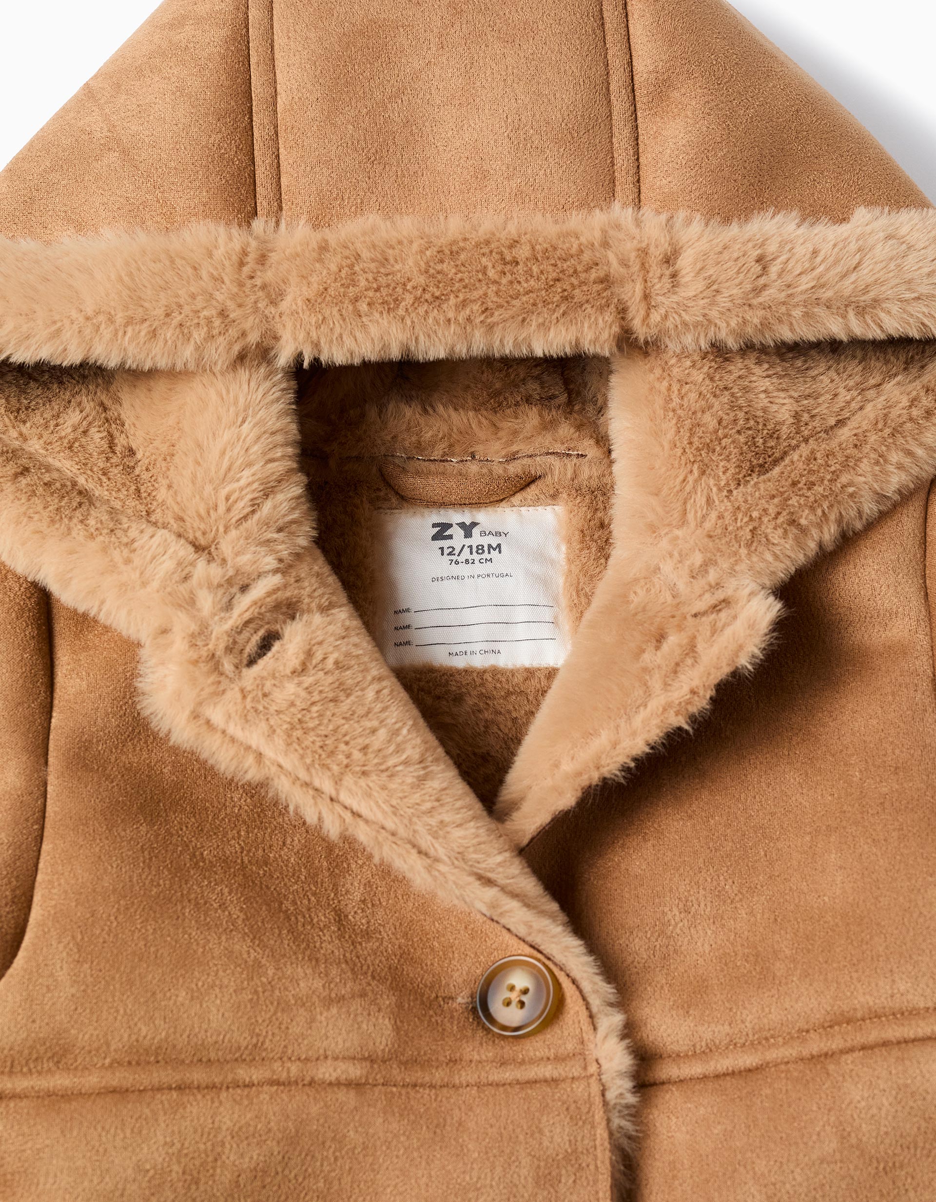 Suede Jacket with Hood and Faux Fur for Baby Girls, Camel