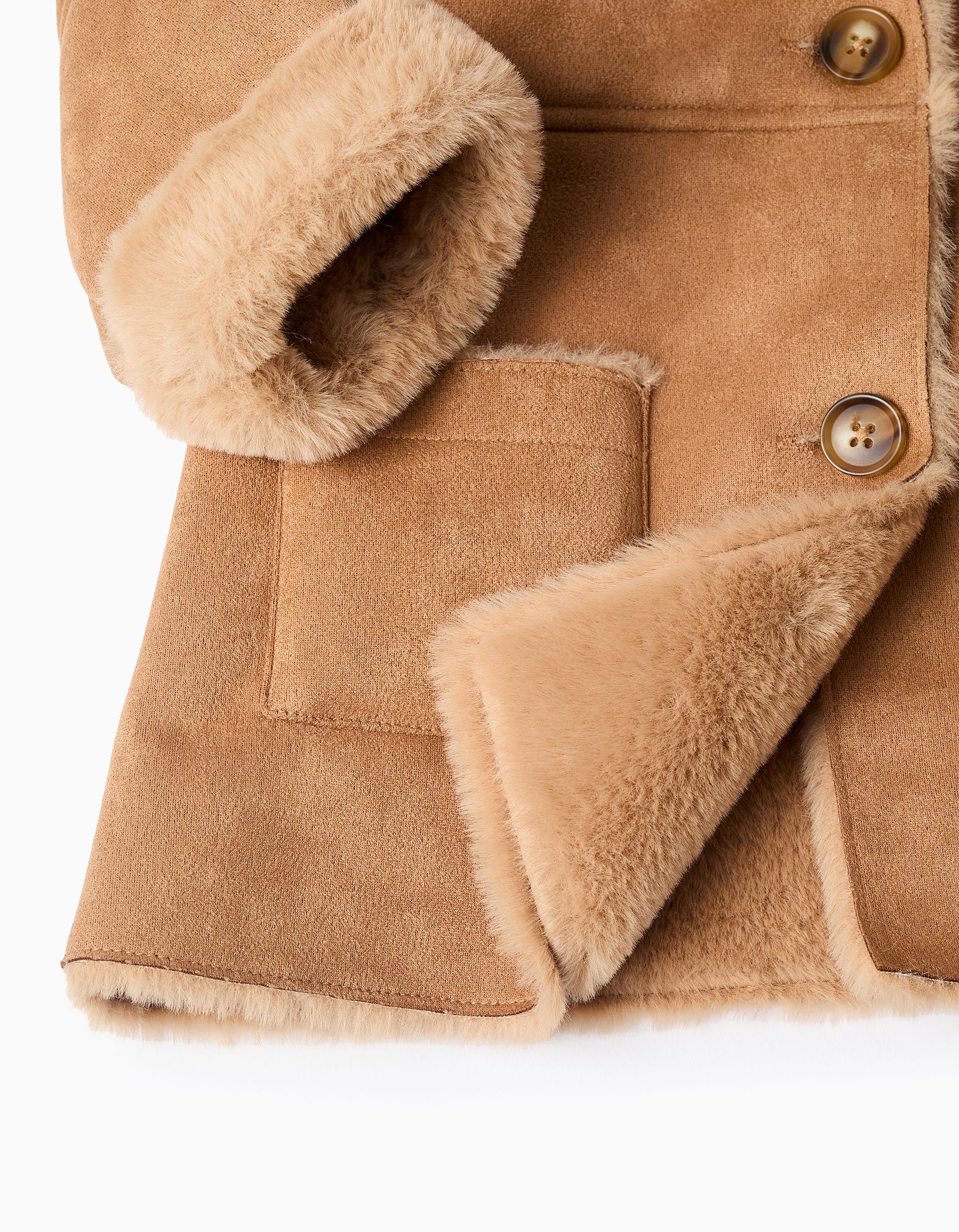 Suede Jacket with Hood and Faux Fur for Baby Girls, Camel