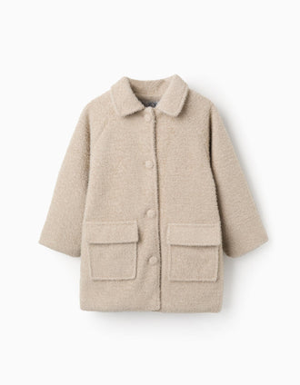 Chaqueta Afelpada con Botones para Niña, Beige