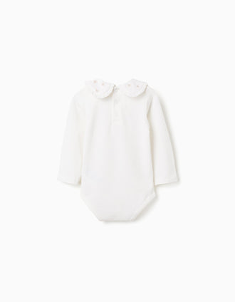 Long Sleeve Bodysuit with Ruffled Collar for Baby Girls, White