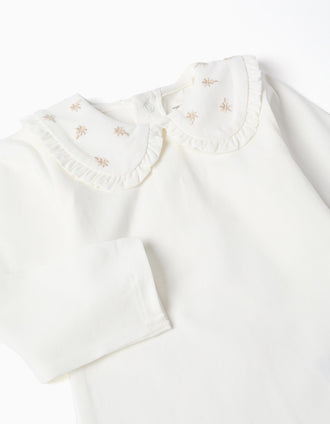 Long Sleeve Bodysuit with Ruffled Collar for Baby Girls, White