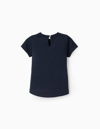 T-shirt de Algodão com Estampado para Bebé Menina, Azul-escuro