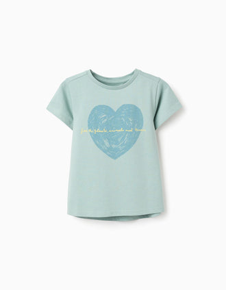 T-shirt de Algodão com Coração Estampado para Menina, Verde-Claro