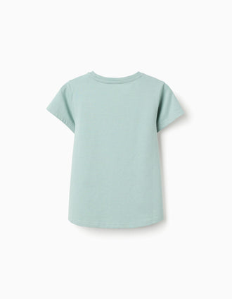 T-shirt de Algodão com Coração Estampado para Menina, Verde-Claro