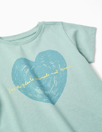 T-shirt de Algodão com Coração Estampado para Menina, Verde-Claro