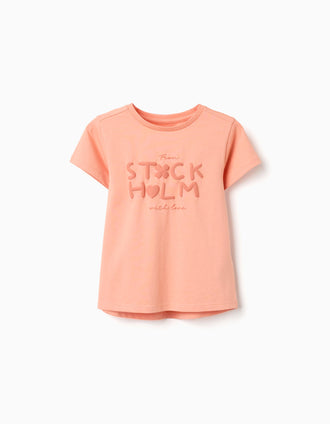 T-shirt de Algodão com Estampado 'Stockholm' para Menina, Laranja-Claro