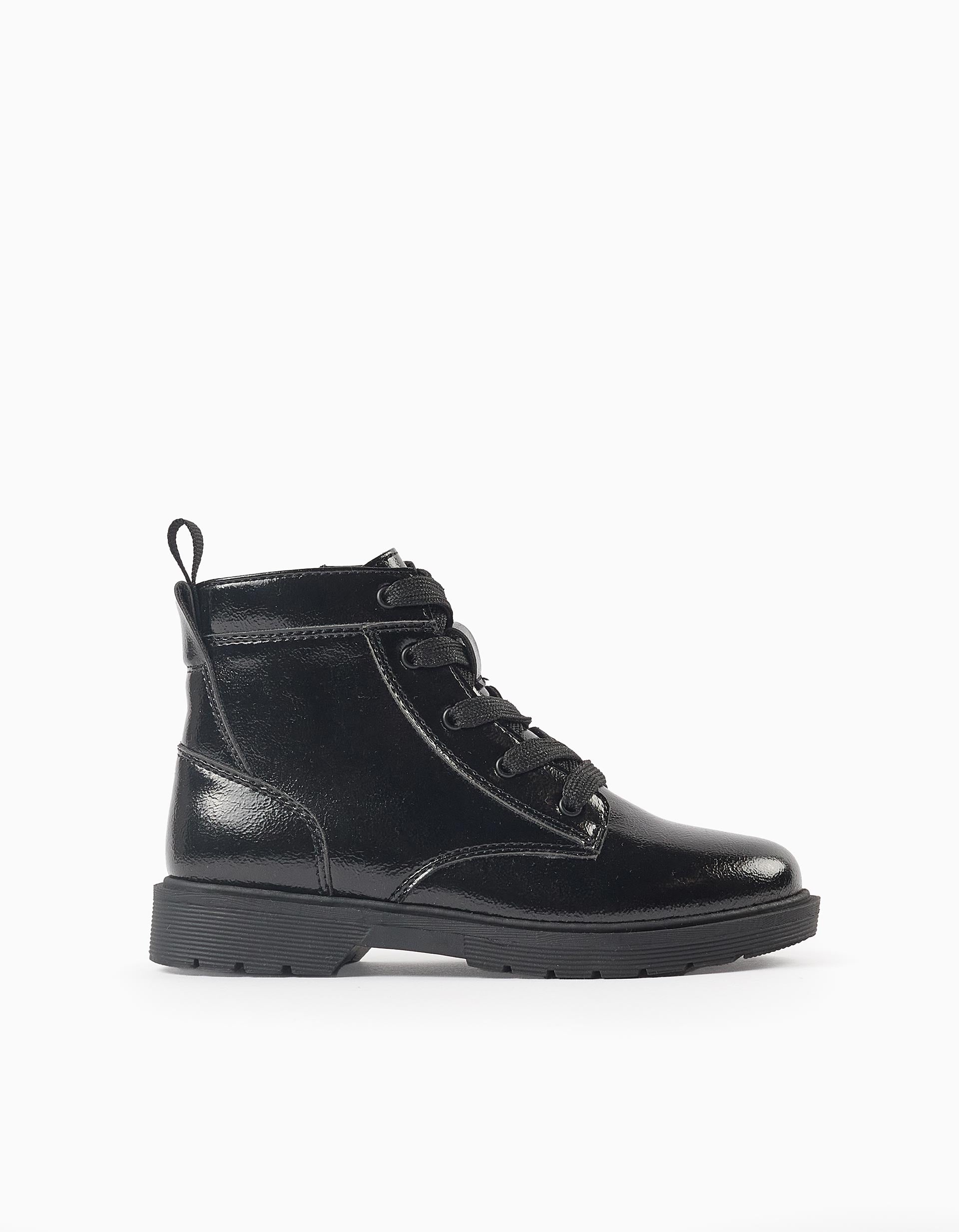 Biker boots with laces and a shiny finish for girls, black