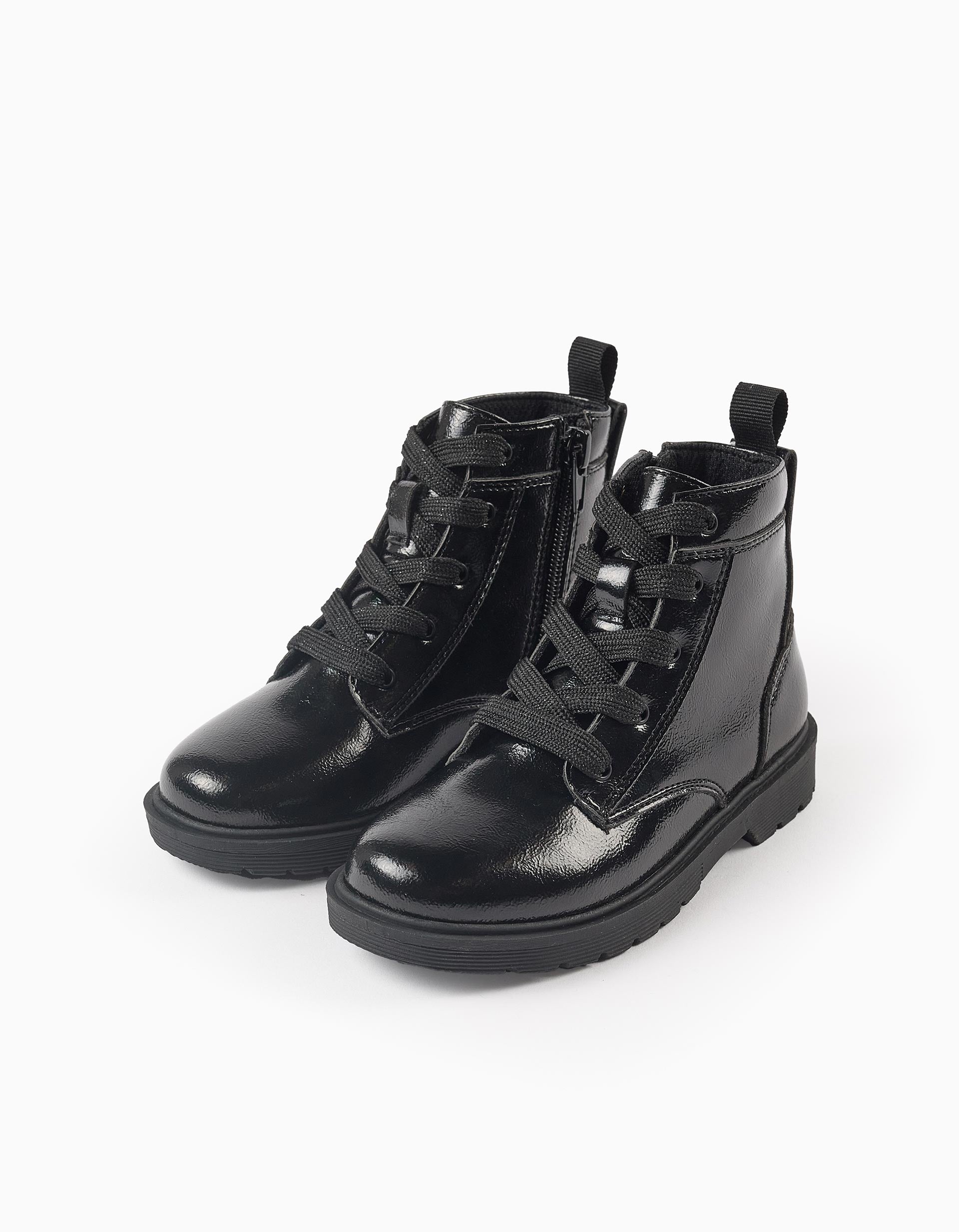 Biker boots with laces and a shiny finish for girls, black – ZIPPY