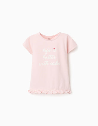 T-shirt with Front Print and Ruffle Hem for Girls, Light Pink