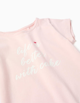 T-shirt with Front Print and Ruffle Hem for Girls, Light Pink