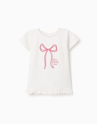 T-shirt com Laço Estampado e Folhos na Base para Menina, Branco