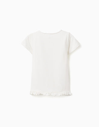 T-shirt com Laço Estampado e Folhos na Base para Menina, Branco
