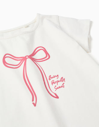 T-shirt com Laço Estampado e Folhos na Base para Menina, Branco