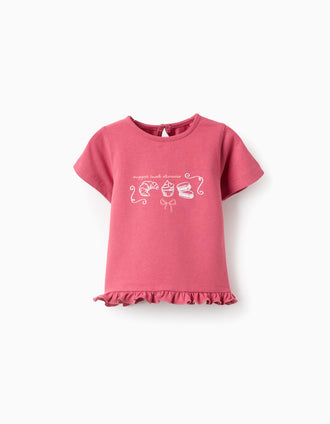 T-shirt de Algodão com Folhos para Bebé Menina 'Sweet', Rosa
