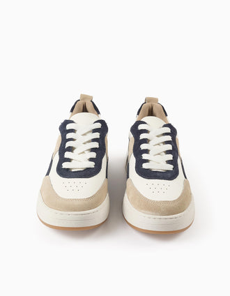 Trainers with Laces for Boys, White/Beige/Blue