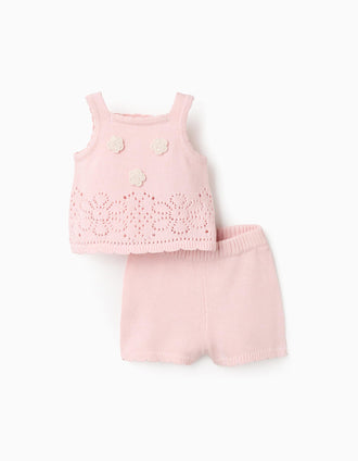 Conjunto de Malha com Flores de Crochet para Bebé Menina, Rosa