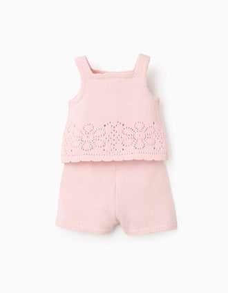 Conjunto de Malha com Flores de Crochet para Bebé Menina, Rosa