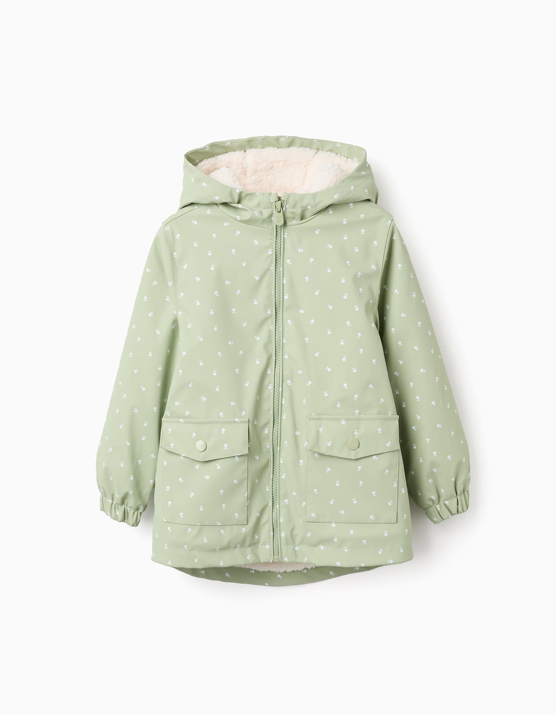 Hooded rubber parka with sherpa lining for girls, light green