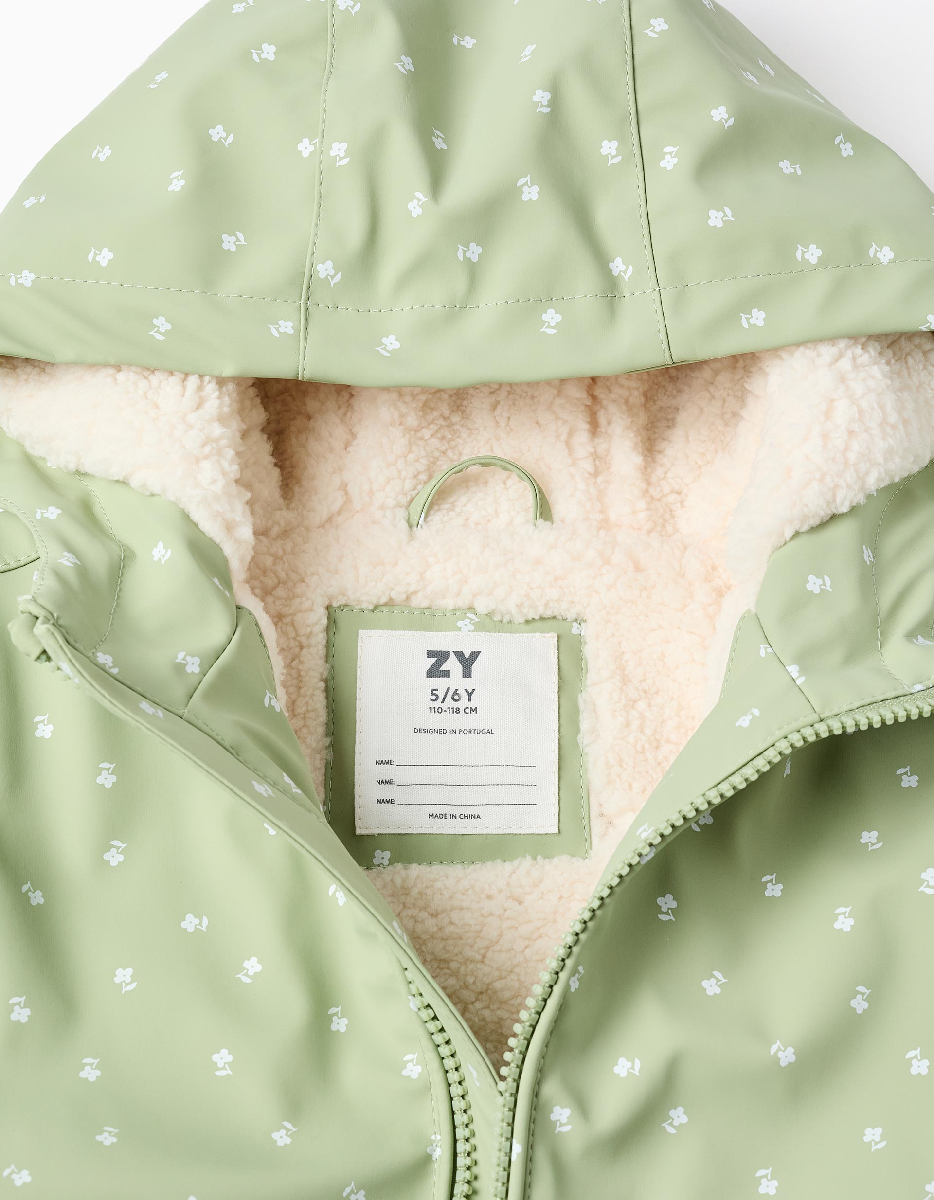 Hooded rubber parka with sherpa lining for girls, light green
