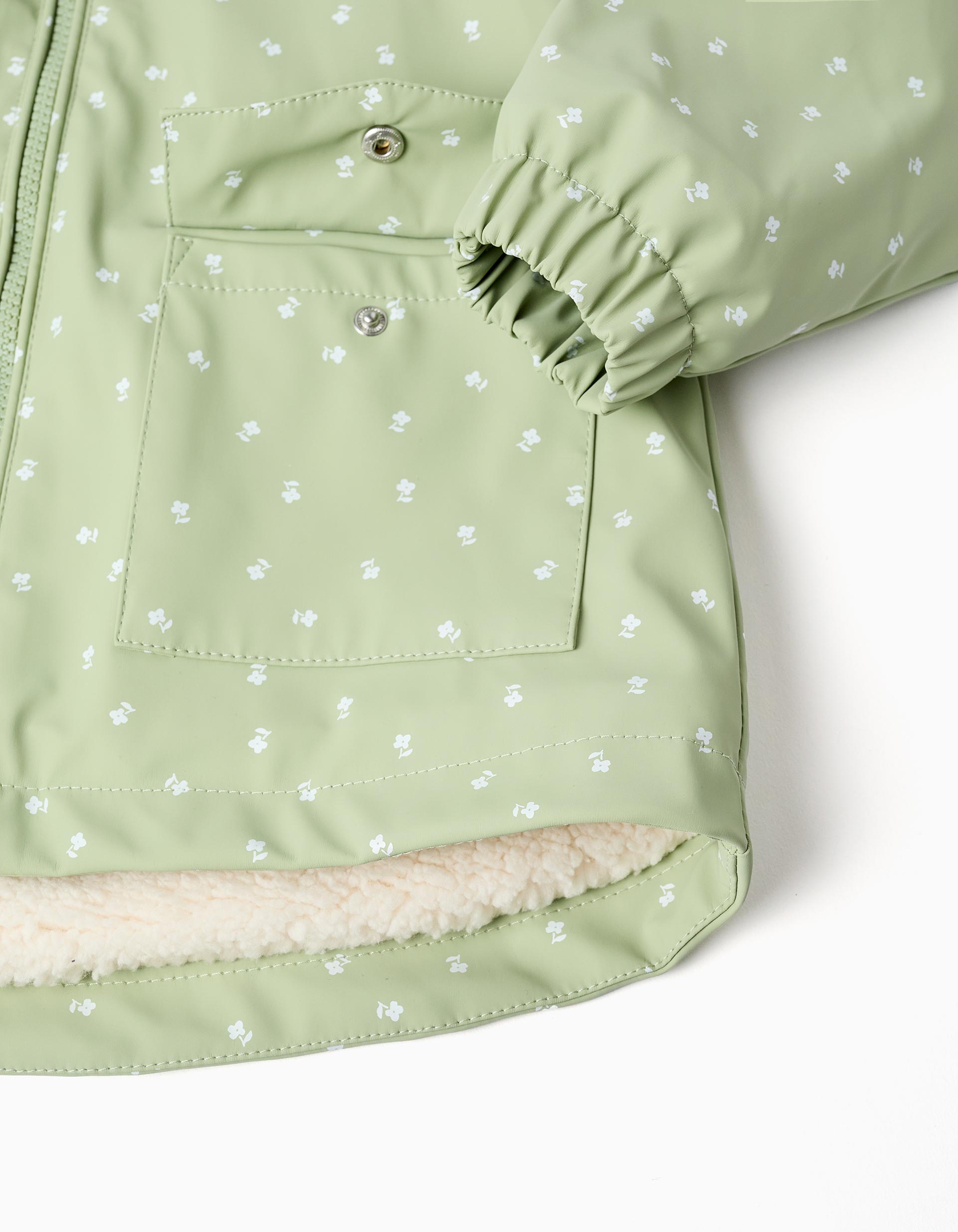 Hooded rubber parka with sherpa lining for girls, light green