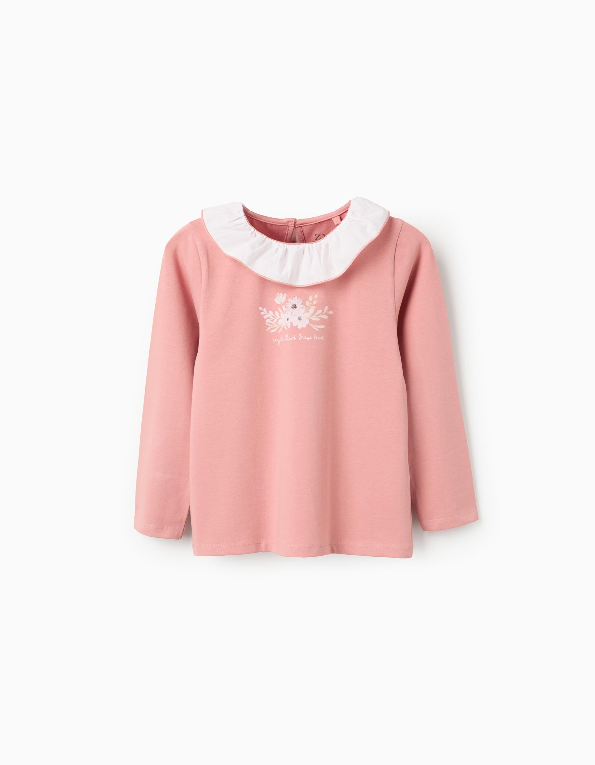 Long sleeve T-shirt with print and ruffled collar for girls, pink