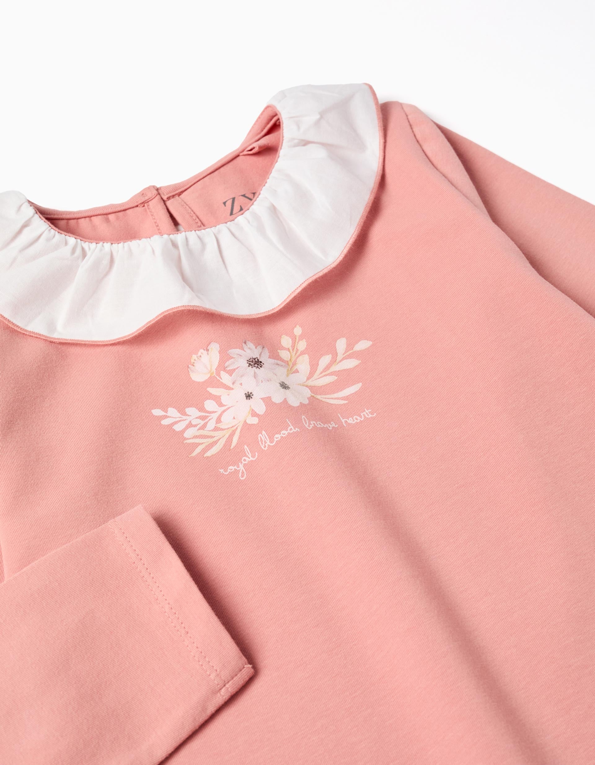 Long sleeve T-shirt with print and ruffled collar for girls, pink