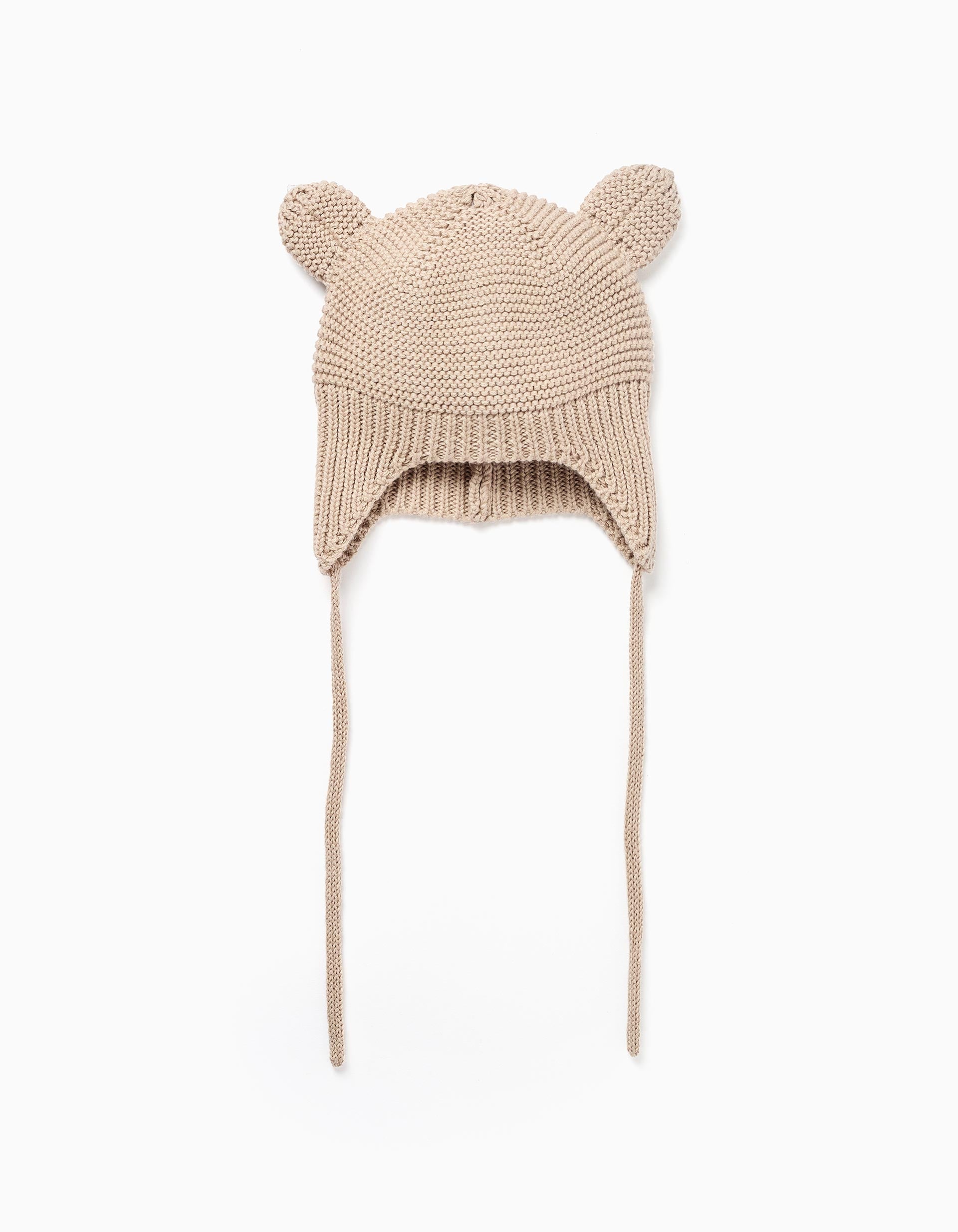 Ribbed knit beanie with ears and side straps for newborns, beige