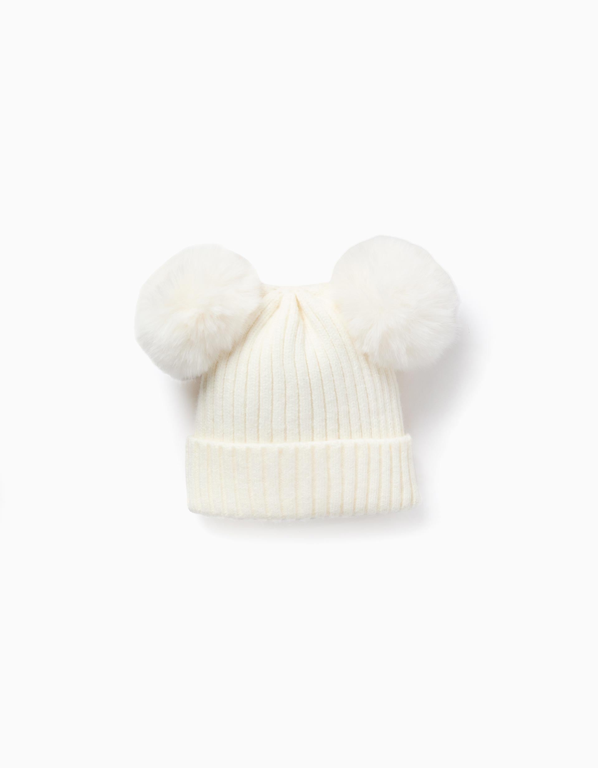 Gorro canelado com maxi pompons para menina, branco