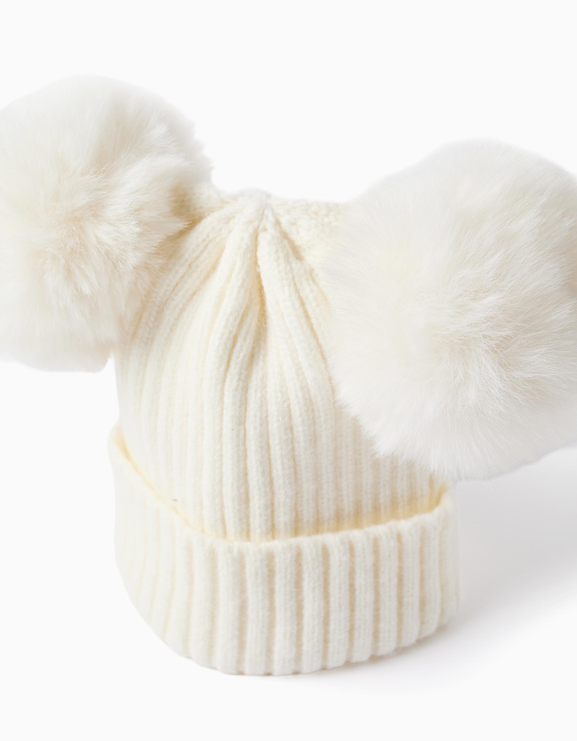 Gorro canelado com maxi pompons para menina, branco