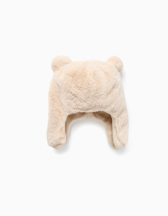 Faux fur trapper hat with pompoms for baby girls, beige