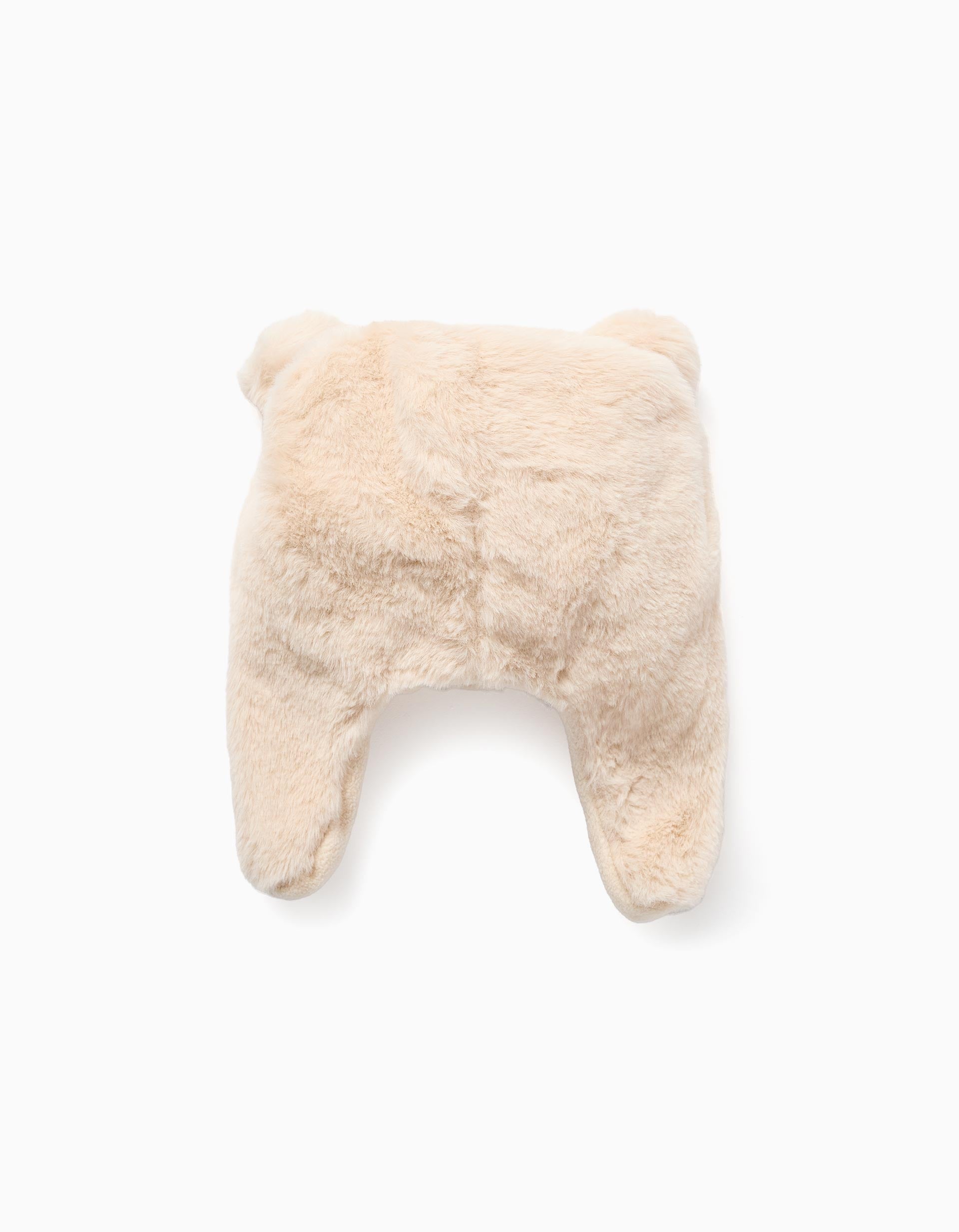 Faux fur trapper hat with pompoms for baby girls, beige