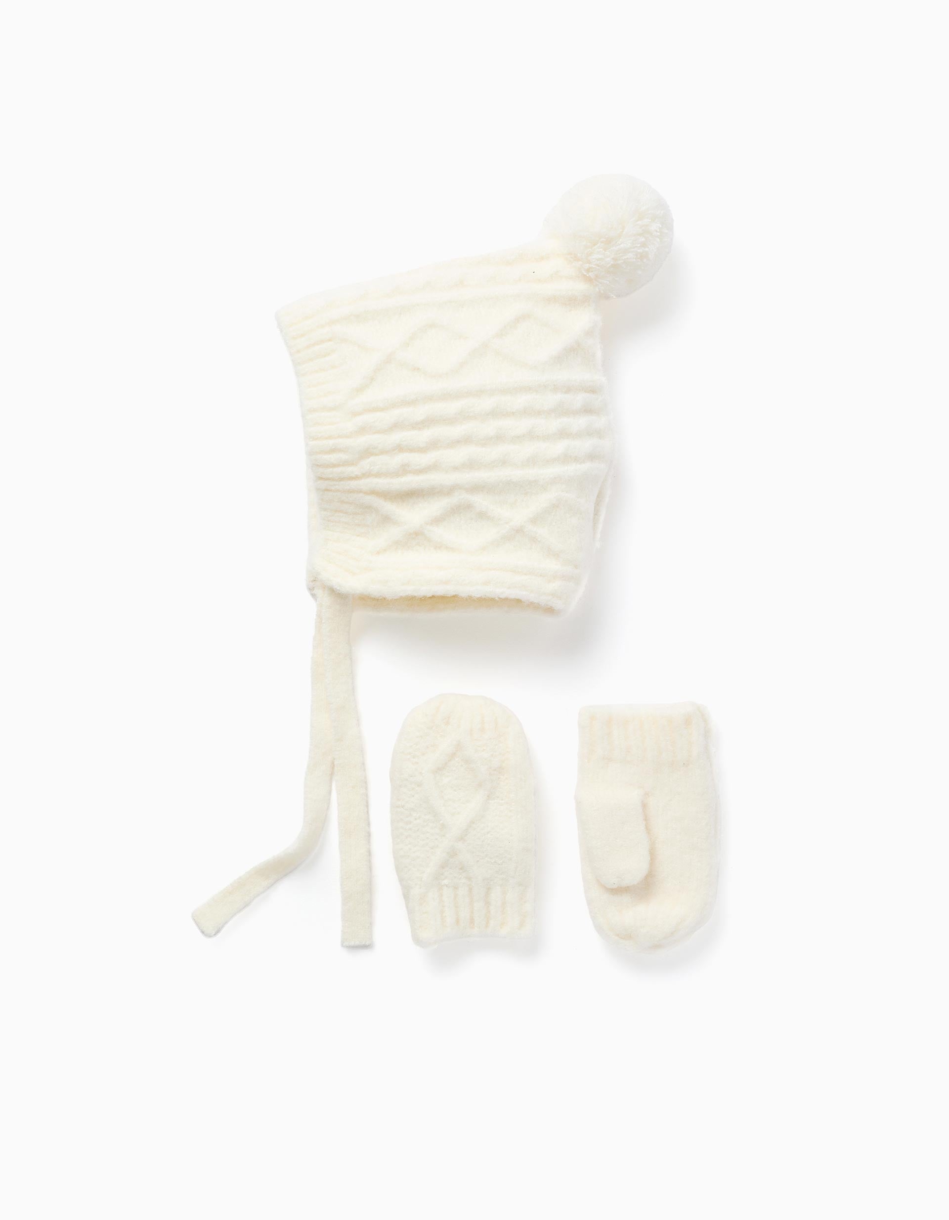 Set of cable knit beanie and gloves for baby girls, white
