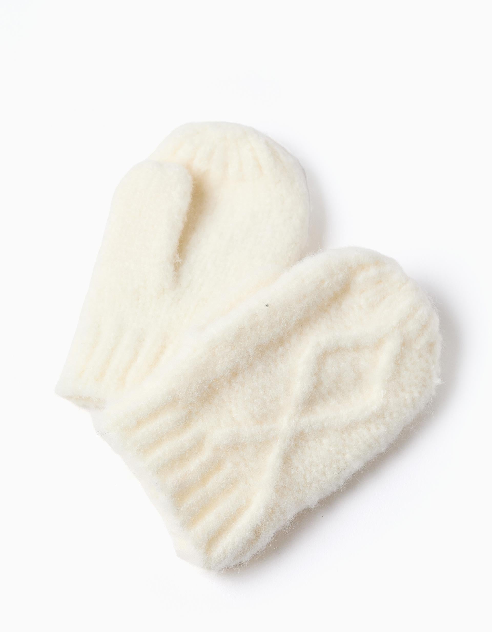 Set of cable knit beanie and gloves for baby girls, white