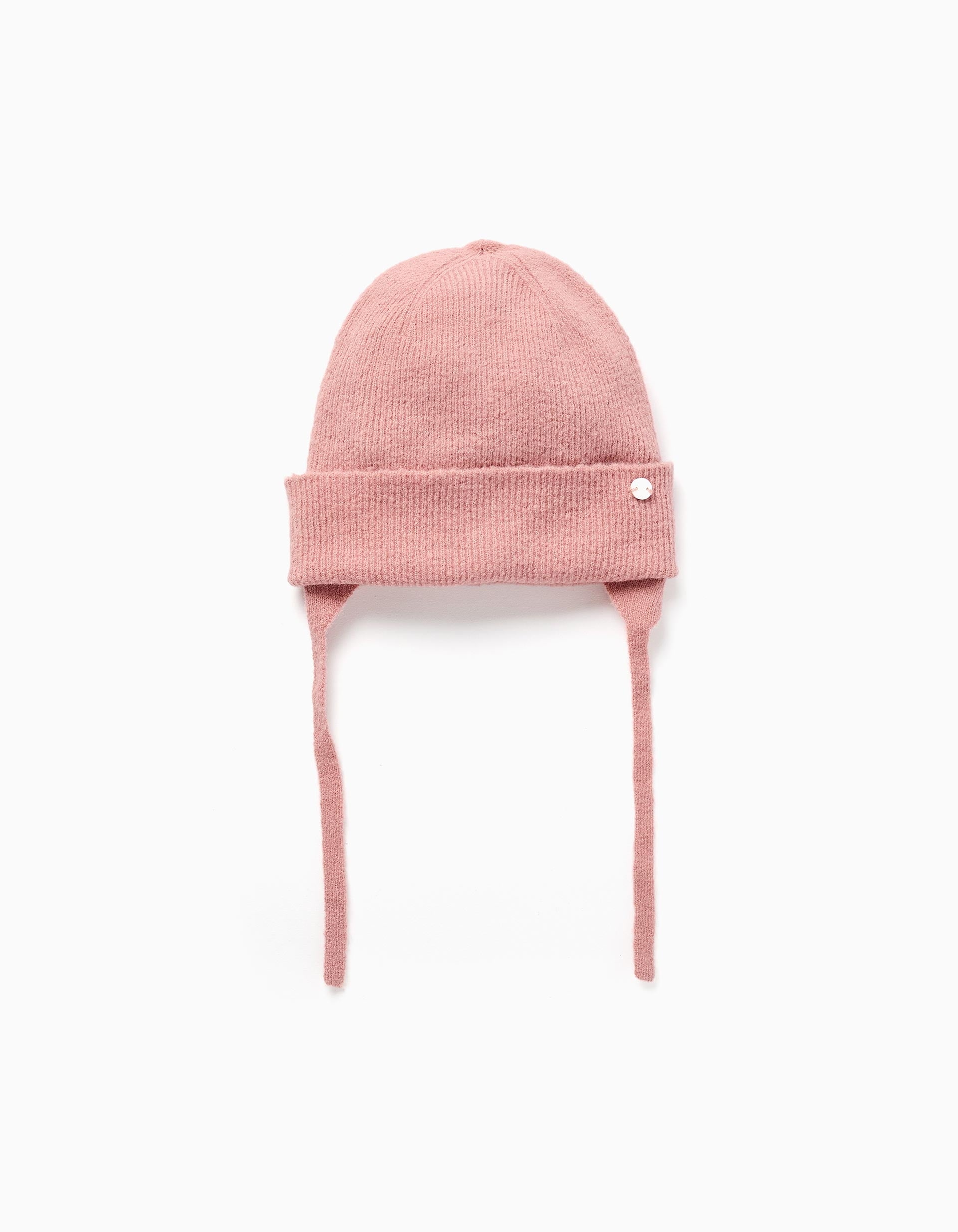 Knitted beanie with straps and ear protection for baby girls, pink